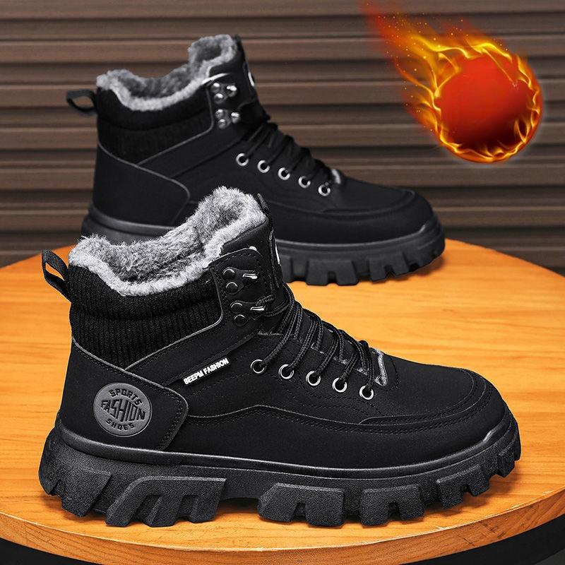 Winter Men's High Top Thermal Work Boots British Style Plush Lined Waterproof Leather Casual Shoes Non-Slip Outdoor Warm Shoes