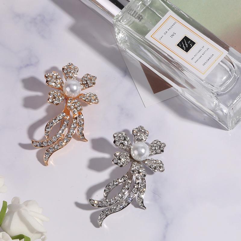 European Bow Pearl Brooch Pin Metal Diamond Crystal Flower Brooch Wedding Accessories