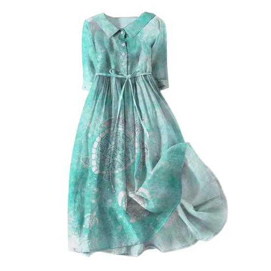 Three Quarter Sleeves A-line Digital Floral Print Bohemian Style Pleated Lace-up Strap Half Single-breasted Shirt Type Midi Dress