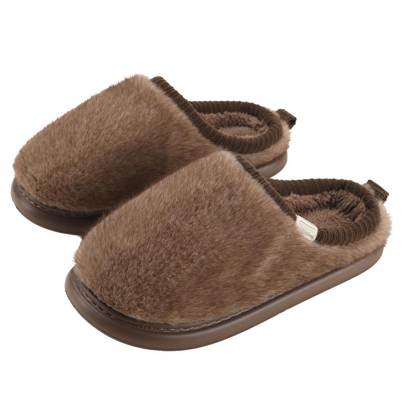 Simple casual plush cotton slippers women's flat bottom warm non-slip home couple soft bottom cotton slippers men