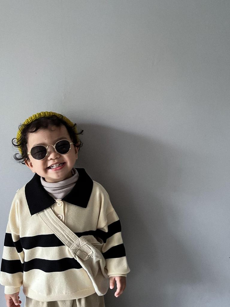 Mori Style Children's Knitted Sweater - Striped, Two-Button, Turn-Down Collar, Casual and Fashionable for Boys and Girls in Spring and Autumn.