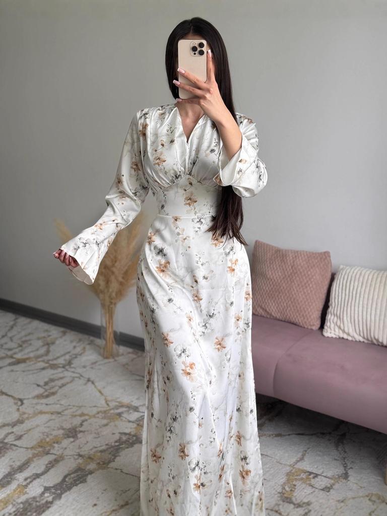 2025 Spring High-End French V-Neck Satin Print Swing Dress