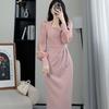Pink Dress Women's Spring and Autumn New Slim and Thin Temperament Square Collar High-end French Casual Dress