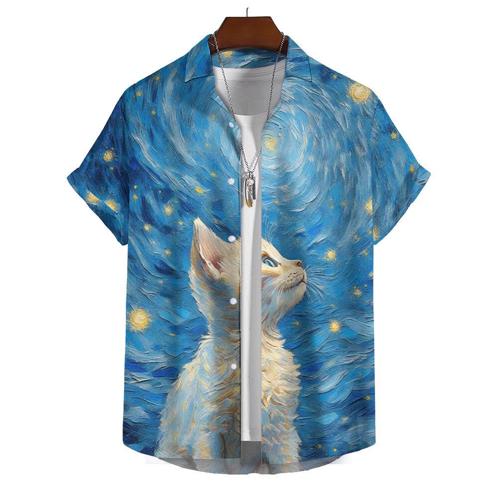 Summer Men's Printed Short Sleeve Shirt Oil Painting Starry Sky Cartoon Cat Print Street Daily Casual Oversized Tops SIZE S-5XL