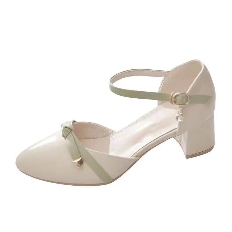 zapatos de mujer women casual beige high quality pu leather spring summer buckle strap square heel shoes lady office shoes ba162