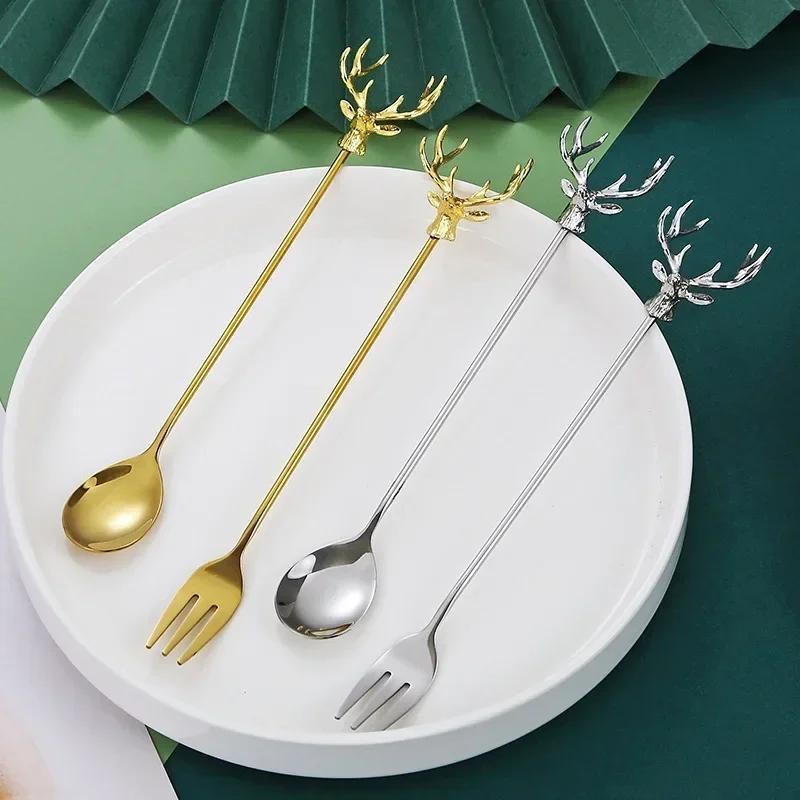 Stainless Steel Milu Deer Coffee Cake Spoon Fork Dessert Spoons Stirring Teaspoon Ice Cream Spoon Fruit Fork Kitchen Supplies