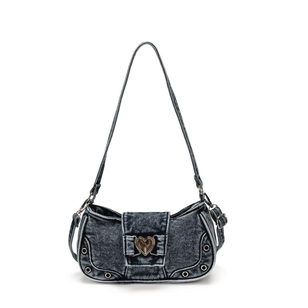 Cross-border Denim Heart One-Shoulder Bag - 2026 New Korean Rivet Trendy Cool Crossbody Bag for Travel and Commute
