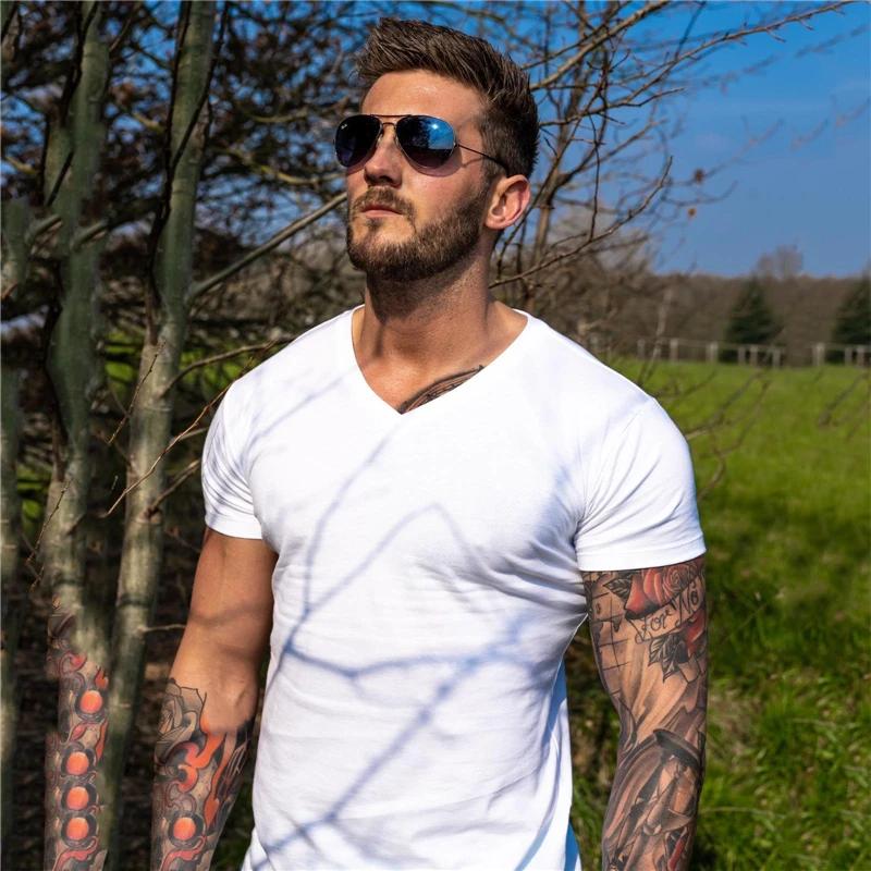Pánske tričko do posilňovne Módne s výstrihom do V Krátke rukávy Bavlnené tričko Úzky strih Športové tričko Kulturistika Fitness Tréning Letné oblečenie