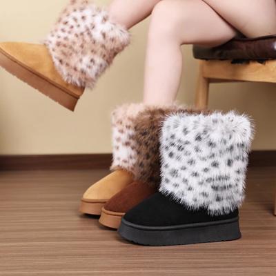 Leopard Print Long Fur High Boots Winter Women's Thick-soled Non-slip Warm Cotton Slippers