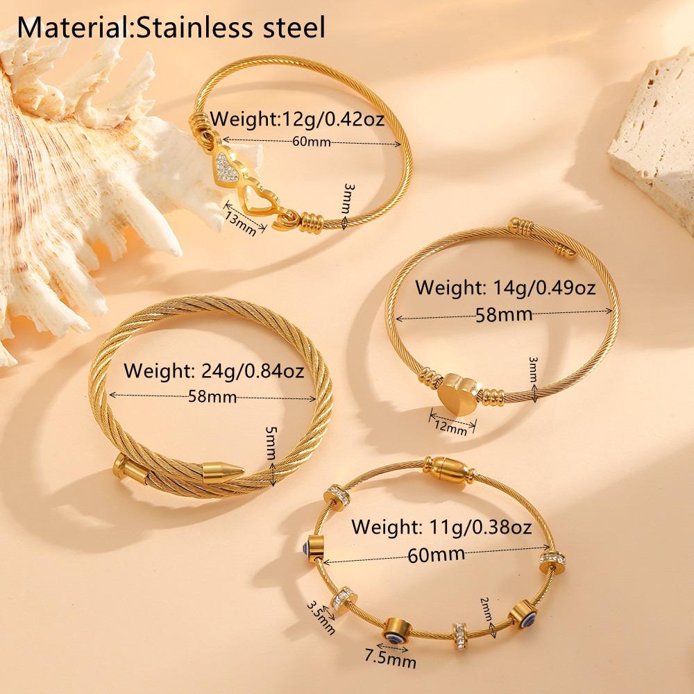 Retro Personality Evil Eye Micro Inlay Zircon Double Heart Bangles for Women Gold Color Stainless Steel Twist Bracelet Jewelry