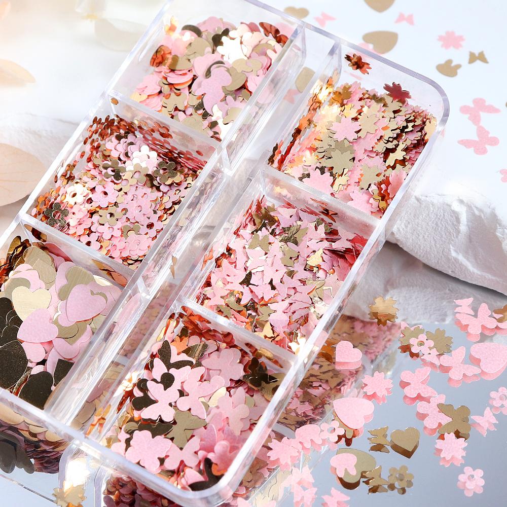 6 Gitter gemischte Formen Nail Art Pailletten dekorative rosa Blume Schmetterling Liebe Flocken Sommer Maniküre Design Zubehör