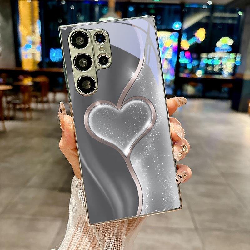 Shiny Heart Outline Electroplated Silver Phone Case For Samsung Galaxy S26 S25 S24 S23 S22 S21 S20 Ultra Plus FE 26+ Glass Cover