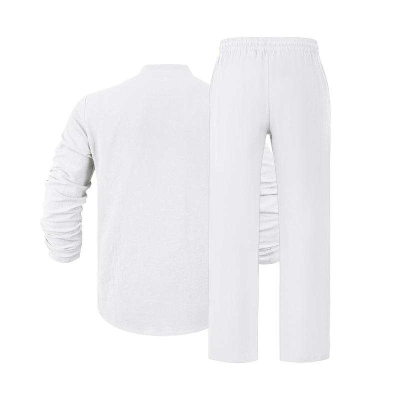 Men Loose Casual Breathable V Neck Long Sleeve Henley Shirt And Long Pants Set