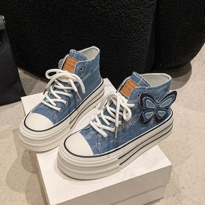 High Top Canvas Shoes Women Thick Bottom Denim Blue Butterfly Students Casual Board Shoes Women Flat Shoes Anti-slip Sneakers