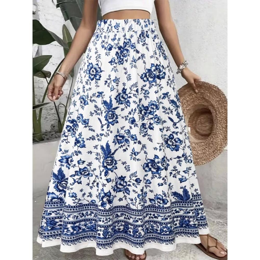 Women's Colorful Flower Printed High Waist Skirt Swing Skirt Elastic High Waist Flower Elegant Party Skirt