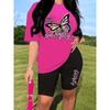 Damen Rundhals Kurzarm Top mit Schmetterlingsmuster-Print, kombiniert mit Shorts. Sommer-Sportbekleidung.