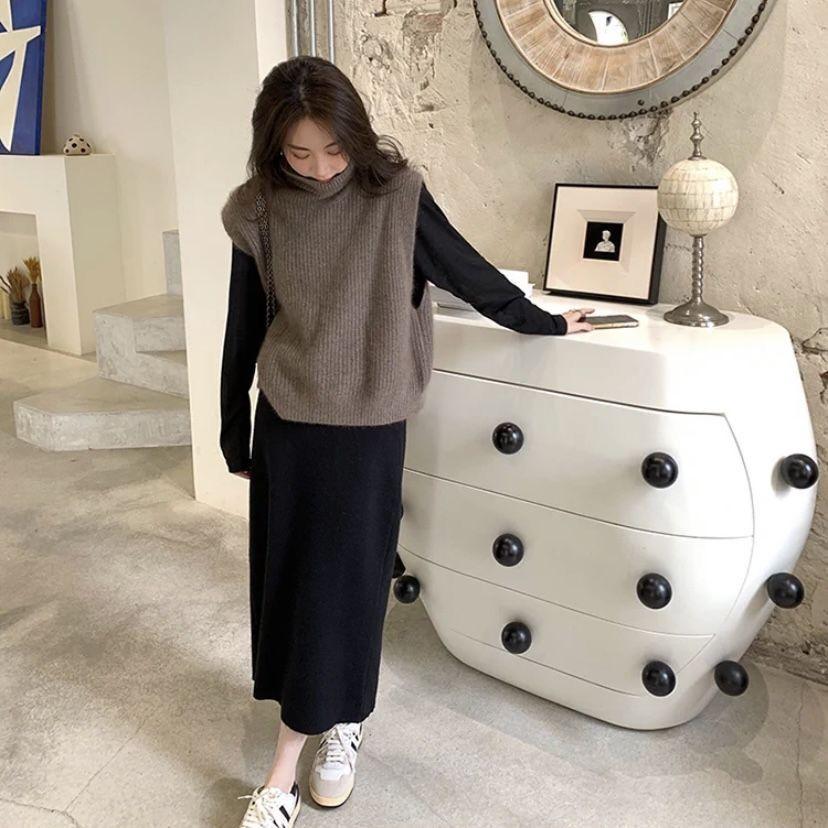High Waist Women's Autumn Winter Thickened Knitted Wool Slim-Fitting Non-Slit Straight Pencil Long Midi Skirt