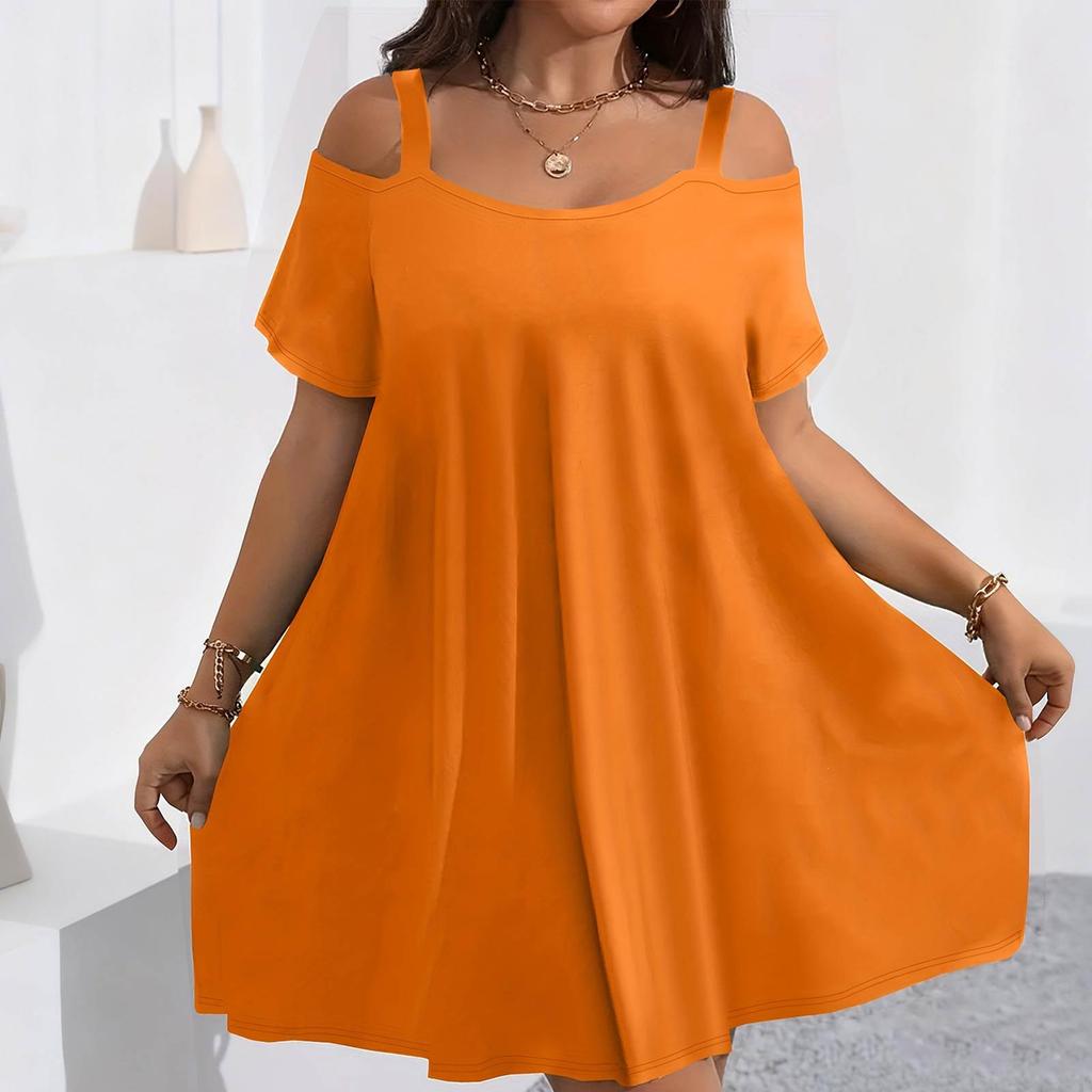 Women's Summer Fashion -Color Off-the-Shoulder Short-Sleeve Plus-Size Dress