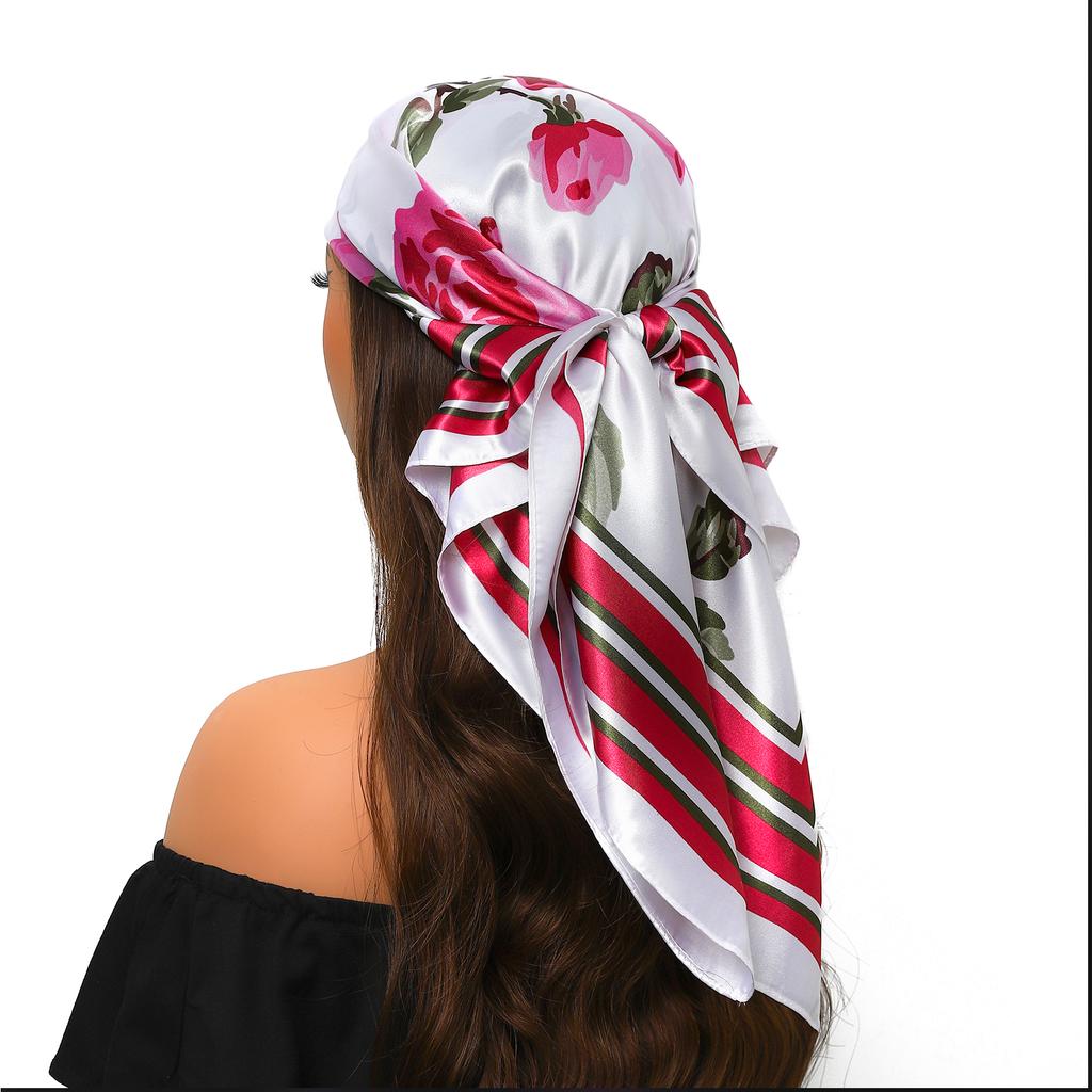 new 90*90cm Vintage Flowers Square Scarf Women Silk Shawl Neckerchief Female Print Headband Head Wraps Foulard Hijab Hair Bands