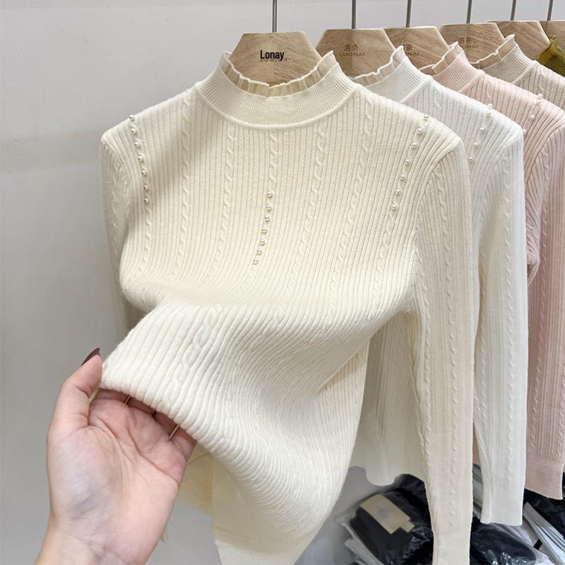 Lace Turtleneck Pearl Sweater: Long Sleeve Petite Knitwear for Autumn/Winter Women