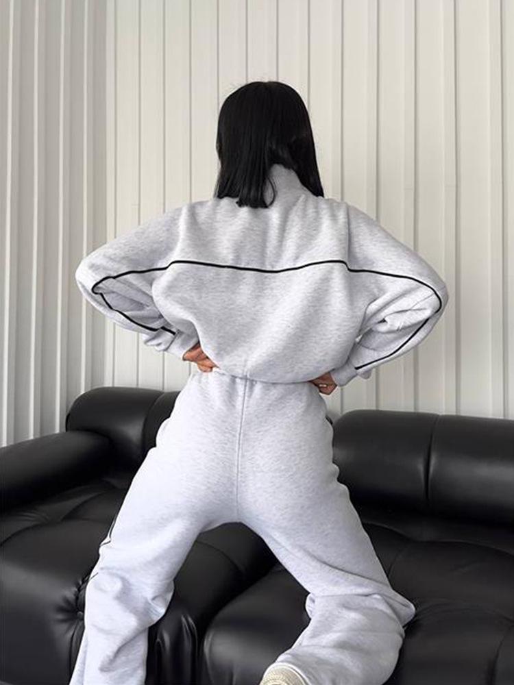 European and American Casual Set with Long Sleeve Cardigan Hoodie and Lace-up Striped Pants