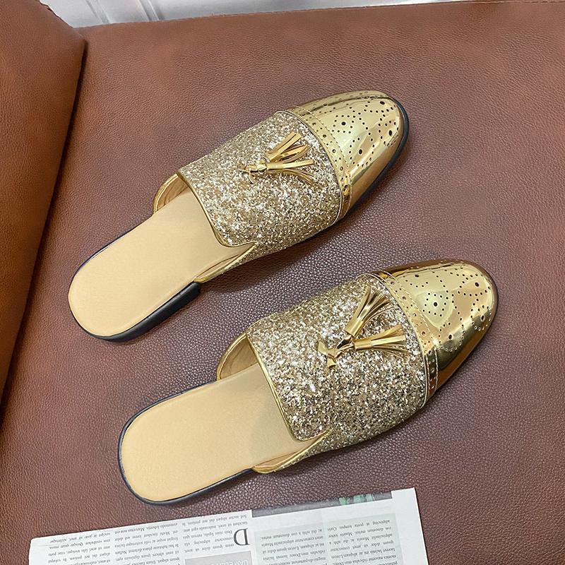 

Роскошные дизайнерские брендовые мужские полутапочки сандалии мокасины тапочки для мужчин золотые полутапочки для мужчин повседневная обувь туфли на плоской подошве 47 золотой