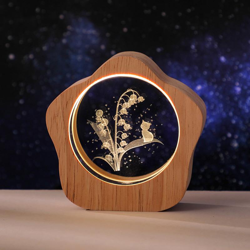 Crystal Desktop Luminous Ornaments Wooden Frame USB Night Light Gift
