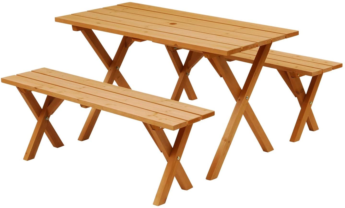 

[Garden Master] Garden Table & Bench 3 Piece Set, 1 Table & 2 Chair Set, Natural Cedar Wood, Includes Parasol Hole, Garden, Balcony, Terrace, Balcony