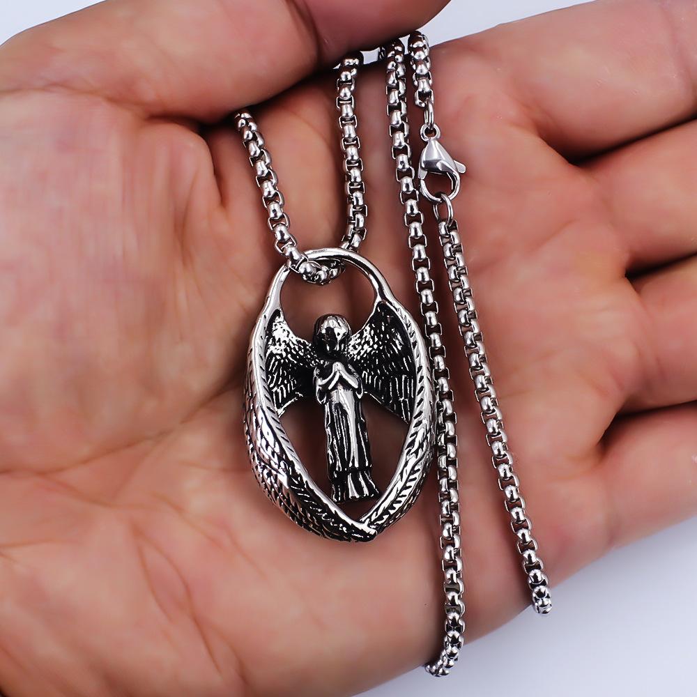 Titanium Steel Retro Angel Wings Necklace Men's and Women's Trendy European and American Feather Pendant
