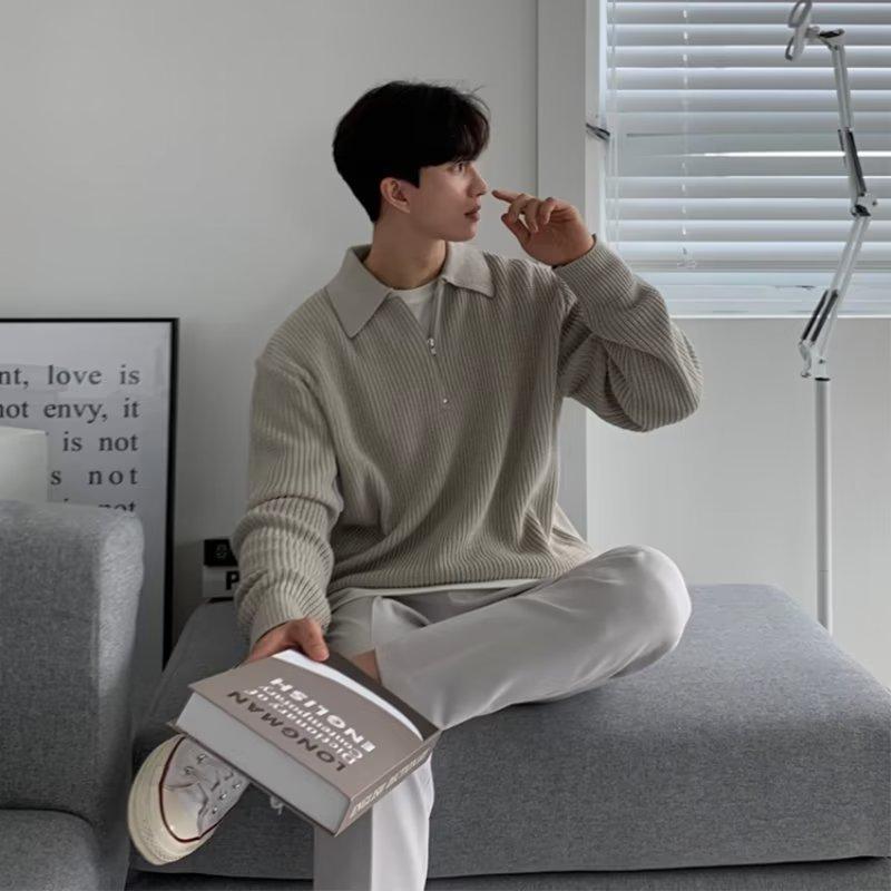 

Half-zip Sweater Men s Autumn and Winter New Lapel Sweater Loose Vintage Vintage Casual Top M