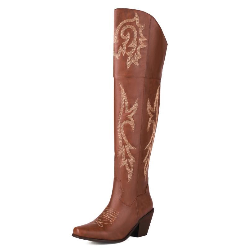 Western Women's Knee High Boots Sexy Embroidery Cowboy Cowgrils Boots Wedges Heel Red Party Winter Shoes Ladies Large Size 46