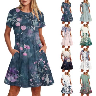 Lässiges, modisches Damen-Midikleid mit Rundhalsausschnitt, kurzen Ärmeln und Tasche