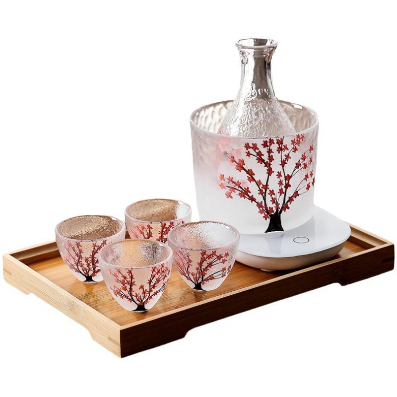 Cherry Blossom & Plum Glass Sake Set: Hand-Painted Pot & Cups