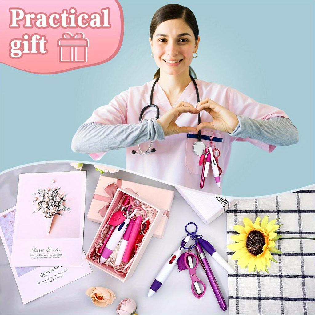 12pcs Multifunctional Nurse Pen Set, Including Pen Light, Permanent Marker, Multicolor Ballpoint Pen, Keychain Clip, Folding Scissors