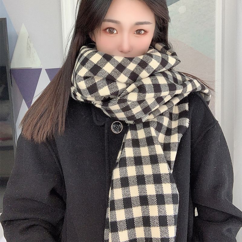 New Korean Style Plaid Scarf for Women Winter Tassels Retro Long Shawl  Scarf  Korean Style Atmosphere  Versatile Couple Trend