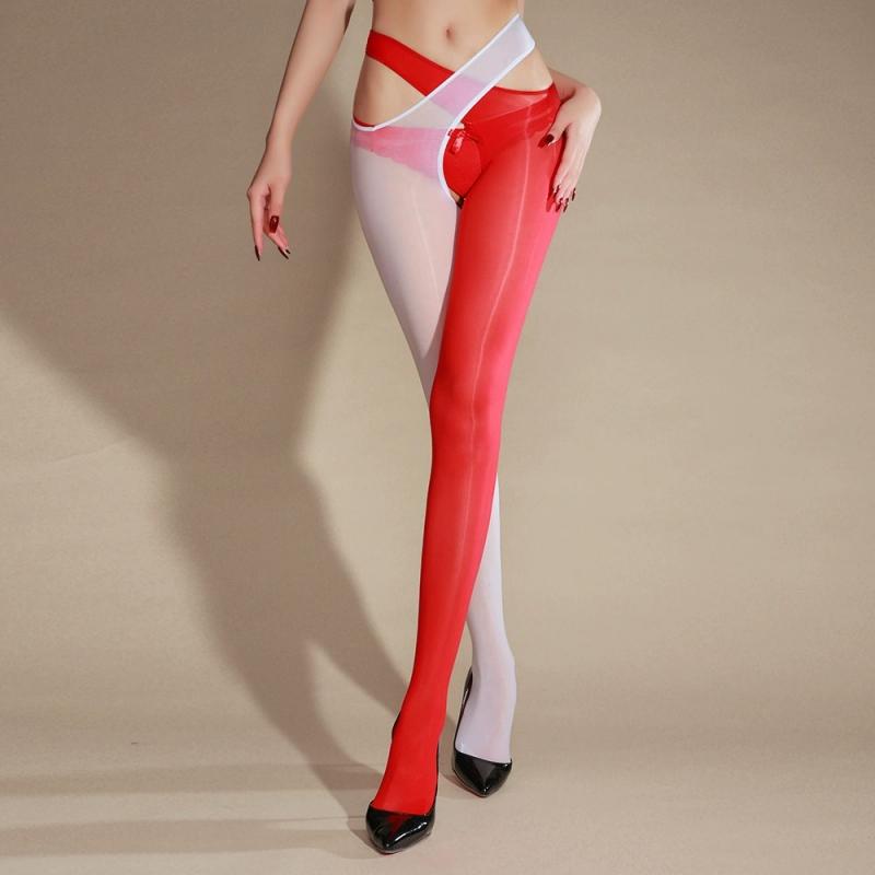 Contrast Color Women Sexy Stockings Oil Shiny Pantyhose Pole Dance Open Crotch Clubwear Transparent Silky Touch Erotic Tights