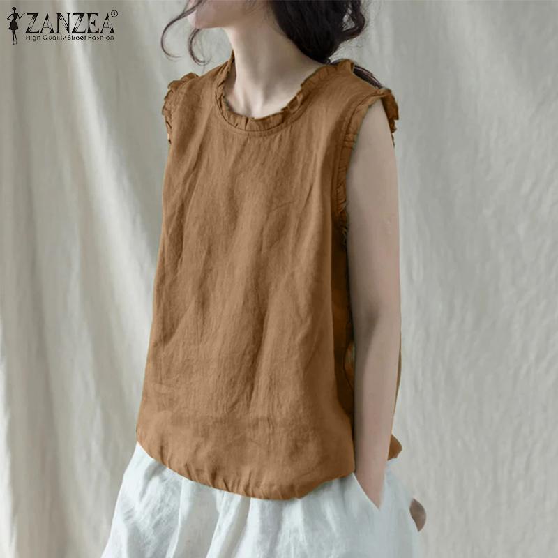 ZANZEA Summer Women Sleeveless Ruffled Casual Loose Tank Tops