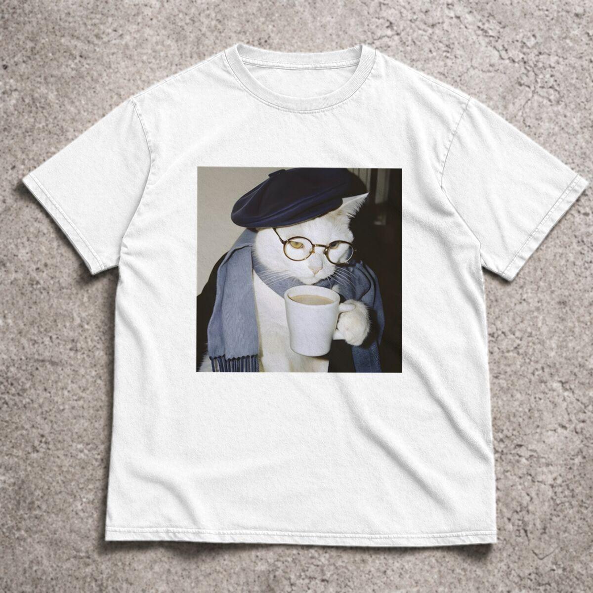 Cat and Coffee Lover Gift Shortsleeve Crewneck Tshirt Vintage Coffee Cat Tshirts for Men Women Retro Print Casual Tees Tops S