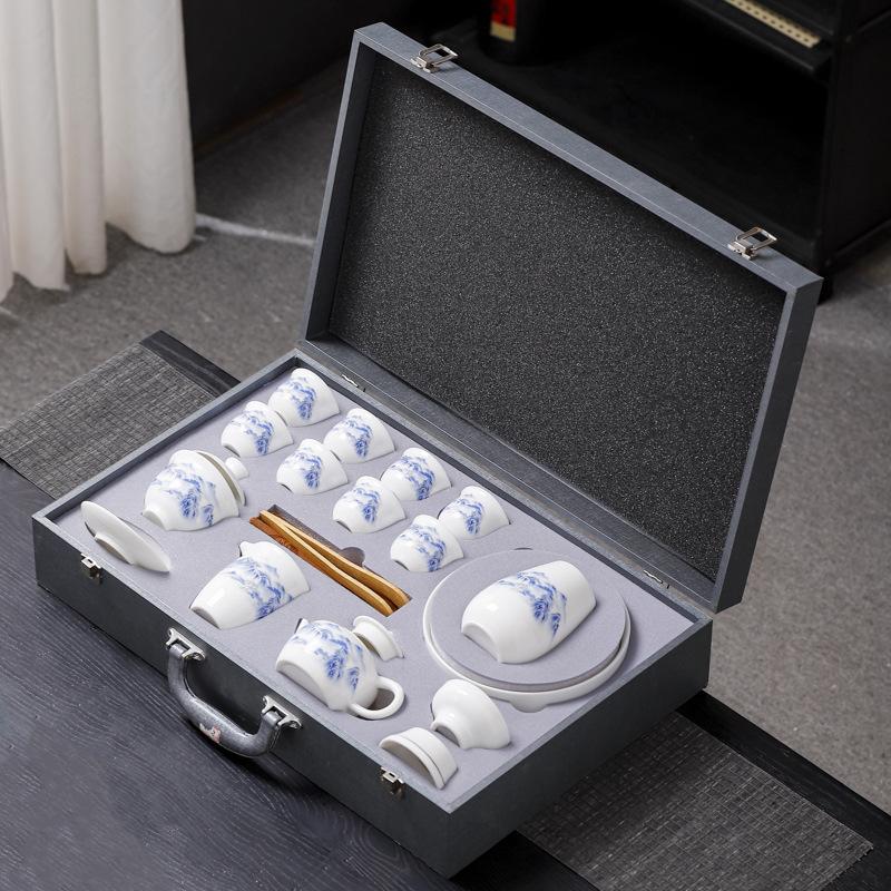 Ceramic white suet jade porcelain kung fu tea set, high-end business gifts for customers and friends