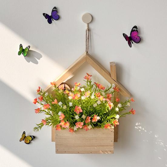 Wood Wall Planter with Artificial Plants, LED Lighted Rustic Farmhouse Wall Decor, Hanging Fake Plants Flowers Holder Vase for Bedroom Living Room