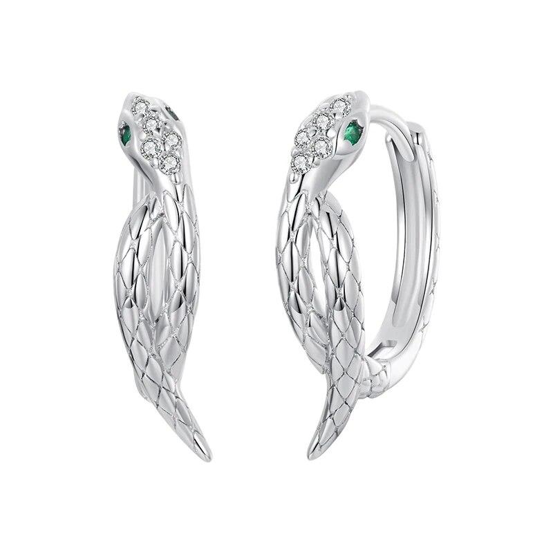 Bamoer 925 Sterling Silver Snake Hoop Earrings for Women Green Zircon Eyes Lightweight Ear Buckles Statement Fine Jewelry