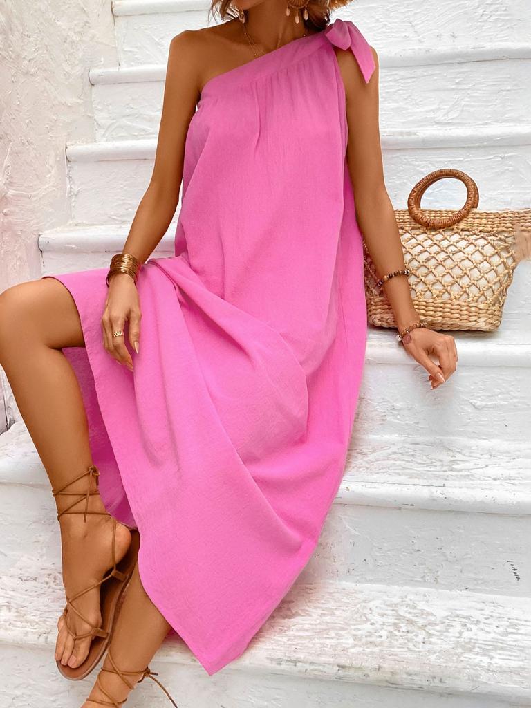 2026 Summer New Fashion Women Solid Color One-Shoulder Long Dress Casual Elegant Diagonal Collar Sleeveless Straight Dresses