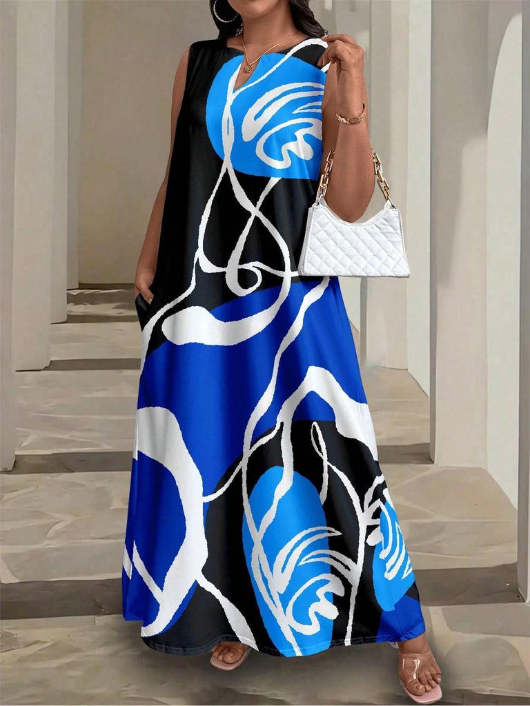 Plus Size African Impressionist Gold Leopard Sleeveless Long Dress