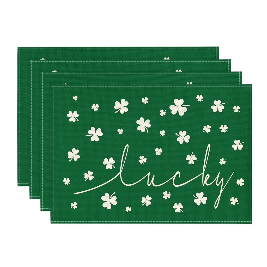 Green Lucky Shamrock St. Patrick's Day Placemats Set of 4, 12x18 Inch Seasonal Spring Table Mats for Party Kitchen Dining Decoration