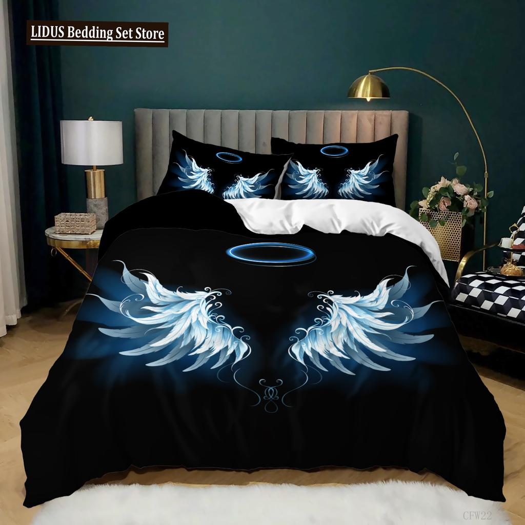 Engelsflügel Bettbezug Set Schwarzer Hintergrund Leuchtend Orange Flügel 3D Druck Bettdeckenbezug King Queen Größe Polyester Bettwäsche Set
