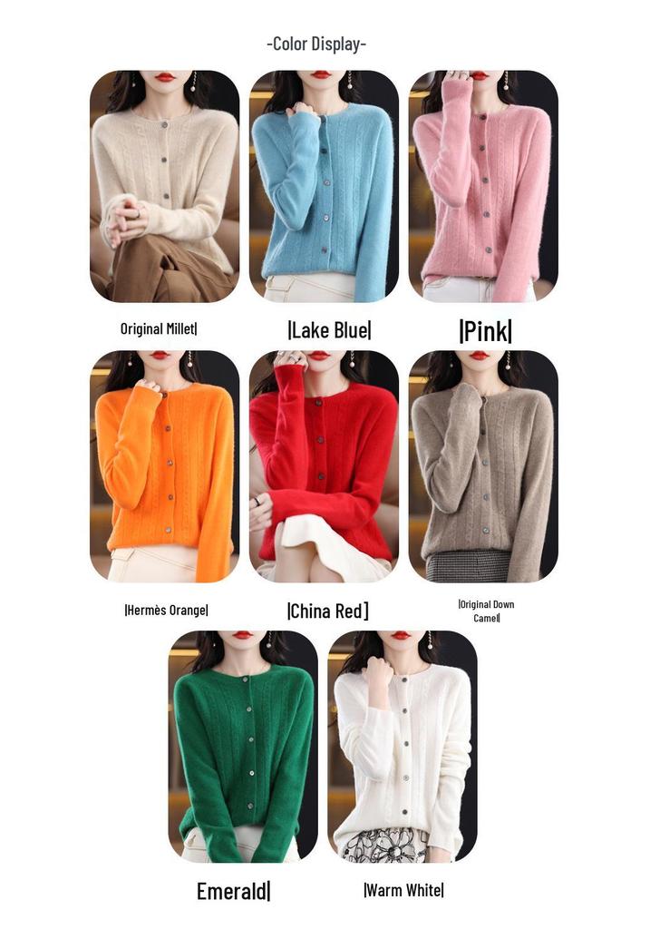 Women's Spring Cashmere Cardigan - Round Neck, Solid Color, Cable Knit, Loose Fit, 100% Pure Wool Sweater