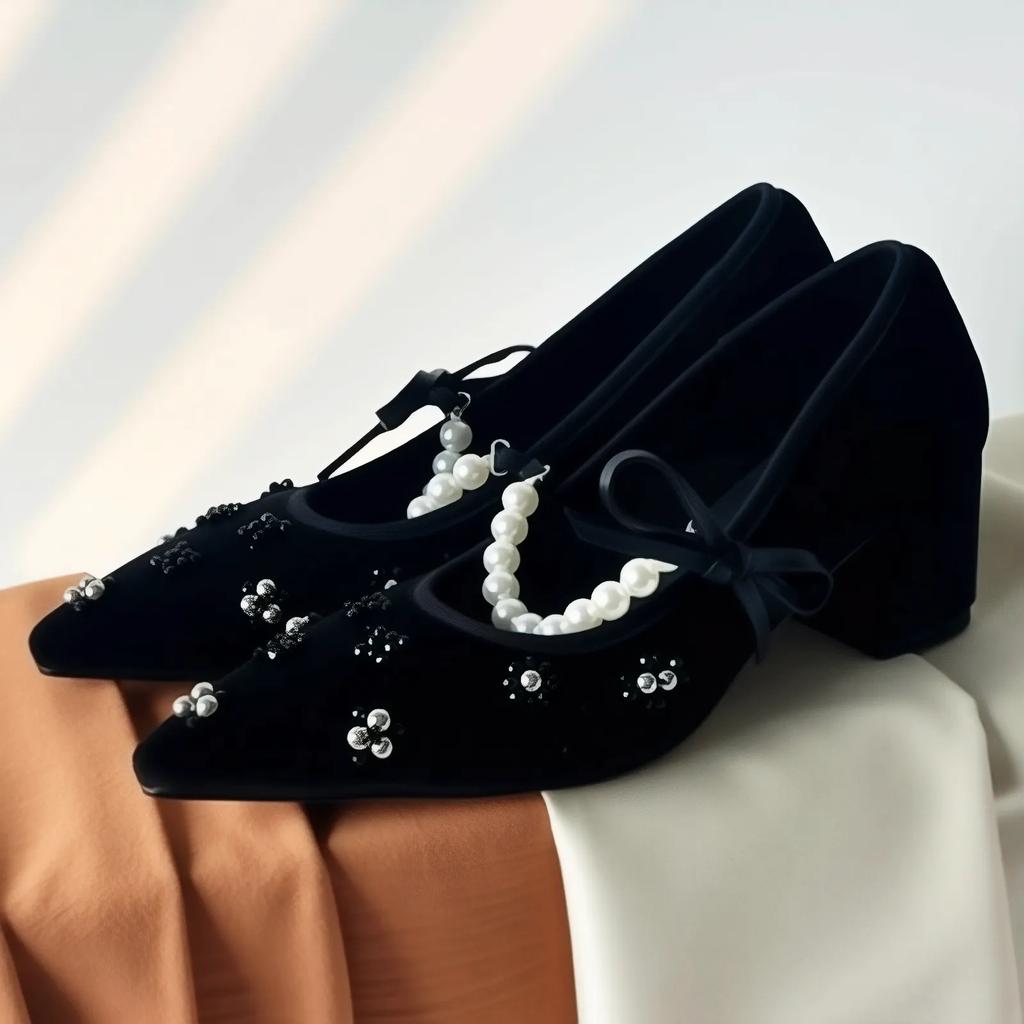 Elegant String Bead Crystal Embellished Black Heels Women Sexy Pointed Toe Flannel Back Strap Buckle Sandal Luxury Designer Shoe