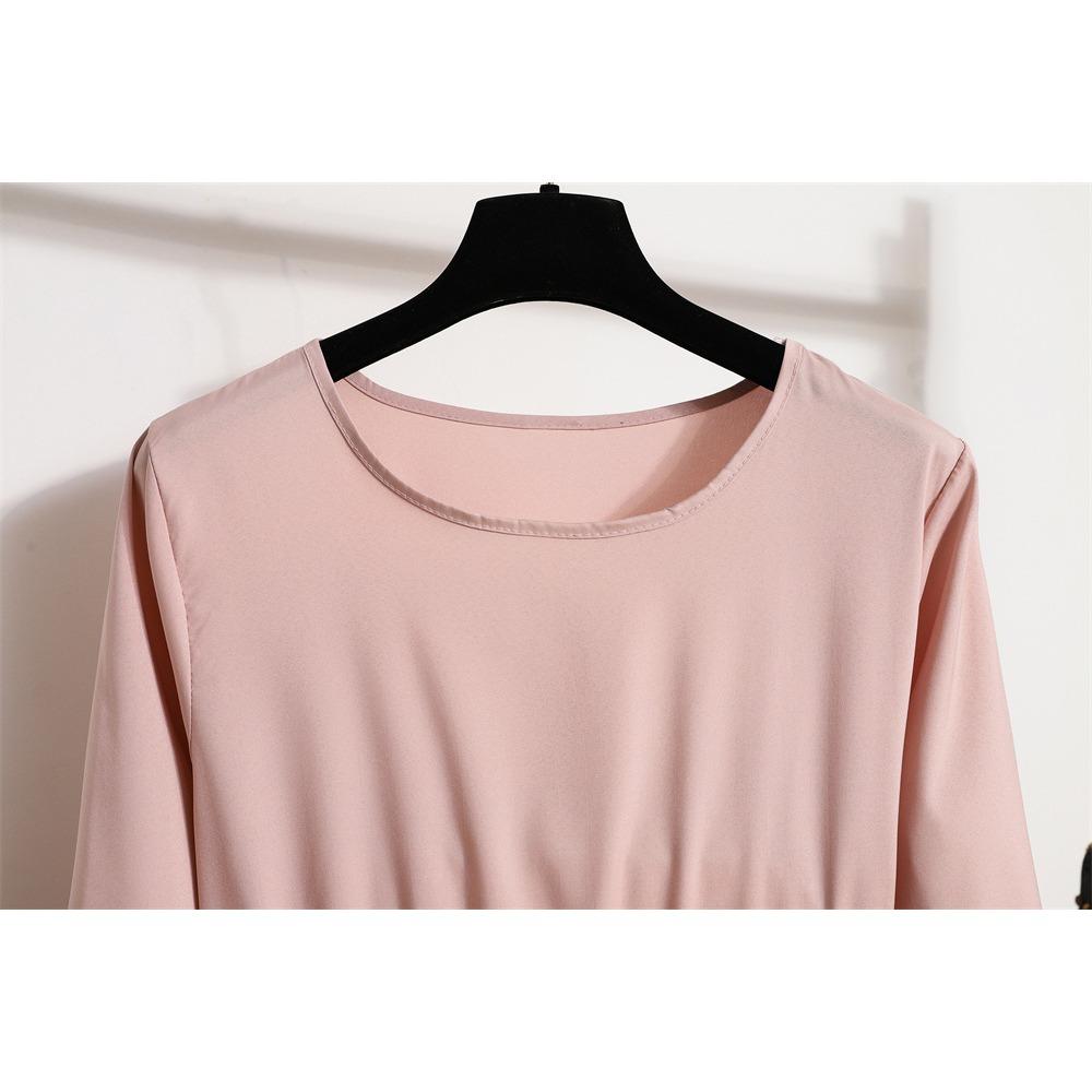 GMXIA Women's Fashion Spring Autumn Solid Color Print Long Sleeve O-Neck High Waist Casual Dresses