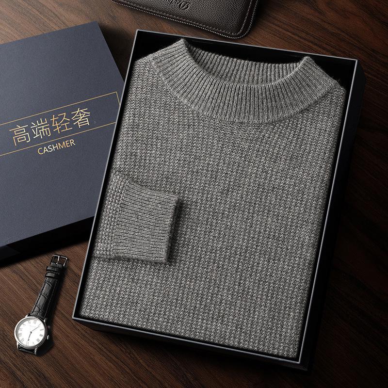 Men's Double-Ply Jacquard Cashmere Sweater - Thick, Half-High Neck, Loose Fit for Autumn/Winter Fashion.