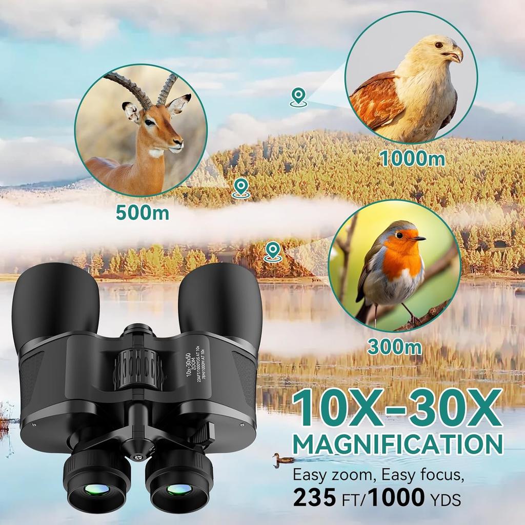 MLight 10-30X50 Zoom Binoculars for Adults, High Powered Military Binoculars for Bird Watching, Hunting, Outdoor, Hiking, Concerts Large